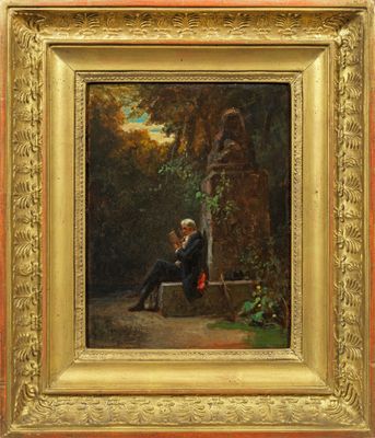une image représentant un tableau où l'on voit un homme assis sur un banc dans un parc