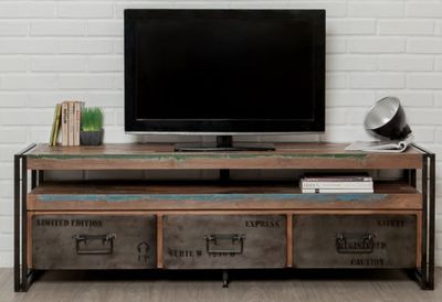 Meuble TV 3 tiroirs- TUNDRA en métal et teck recyclé , Dimen…