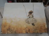 a painting of a girl on a swing in a field