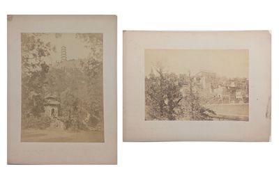 deux vieilles photographies en noir et blanc représentant des arbres et des bâtiments