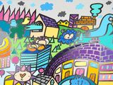 peinture représentant un groupe de personnes sur un mur dans une ville
