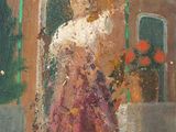 an oil painting of a woman in a pink dress standing in front of a building