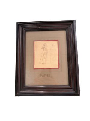 an image of a framed picture of a man with a hat and a cane
