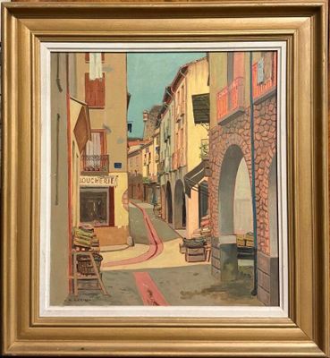 tableau représentant une scène de rue dans une ville, avec des bâtiments et un banc