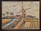 une peinture à l'huile représentant un moulin à vent dans un champ près d'une rivière