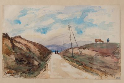 a painting of a cow standing on the side of a road