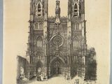an old picture of a large cathedral with a clock on it ' s side