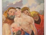 an oil painting of a group of men standing next to each other