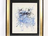 une image représentant un dessin bleu et blanc dans un cadre doré