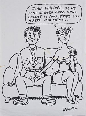 un dessin représentant un homme et une femme assis sur un canapé