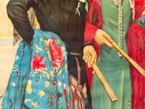 painting of three women dressed in oriental clothing and holding umbrellas