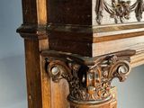 a wooden table with a clock on top of it