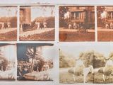an old photo of a man standing in front of a bunch of pictures