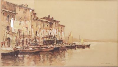 a picture of a painting of boats on the water