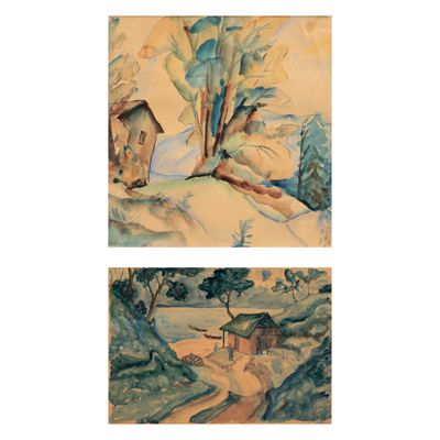 deux aquarelles représentant une maison et un arbre dans un champ