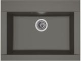 a close up of a grey kitchen sink with a drain