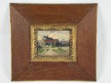 une vieille photo représentant une peinture d'une ferme avec une maison en arrière-plan