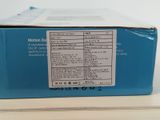 a blue box with information on it sitting on a table