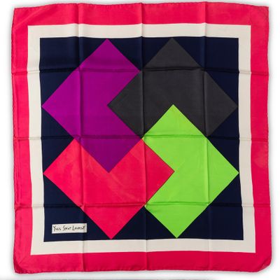 a pink, green, and black square scarf on a white background