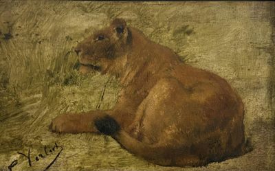 un tableau représentant un lion couché dans l'herbe