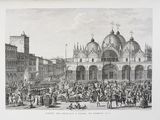 an old picture of a large crowd of people outside of a building