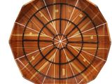 a wooden plate with a clock on it on a white background