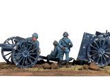deux figurines représentant des hommes debout à côté d'un canon, posées sur un socle en bois