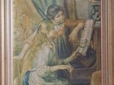painting of two young girls playing the piano in front of a window
