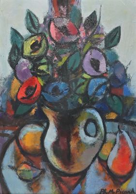 painting of a painting of a vase with flowers in it on a table
