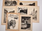 several old black and white pictures of buildings and a church