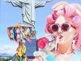 a painting of a woman with pink hair drinking from a bottle
