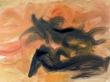 Peinture abstraite représentant une femme en robe noire sur un fond jaune et orange
