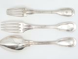 four spoons and two forks on a white surface