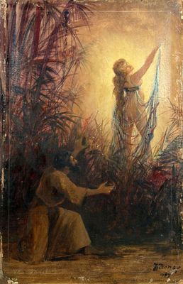 une peinture à l'huile représentant une femme agenouillée dans l'herbe, avec un homme agenouillé à ses côtés
