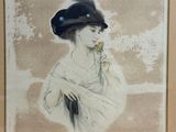 painting of a woman in a hat holding a flower in her right hand