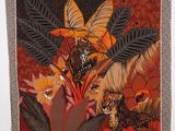 an image of a tapestry hanging on a wall with a leopard and flowers