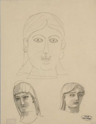 trois dessins représentant le visage d'une femme et la tête d'un homme