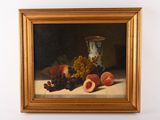 painting of a still life of peaches, grapes, and grapes on a table