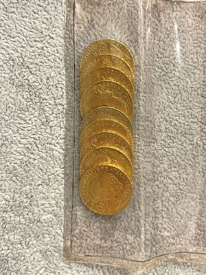 Plusieurs pièces d'or se trouvent dans un sachet en plastique transparent posé sur une surface blanche.