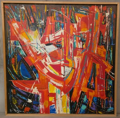 peinture abstraite représentant des formes rouges, orange, bleues et blanches, dans un cadre en bois