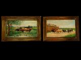 two paintings of cows in a field with a dirt road in the foreground