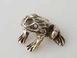 a close up of a silver frog on a white surface