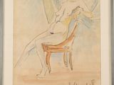 painting of a woman sitting in a chair with a surfboard