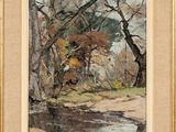 une peinture à l'huile représentant des arbres et de l'eau dans une zone boisée
