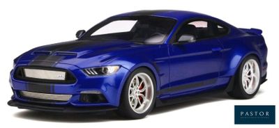 the blue mustang is parked on a white surface