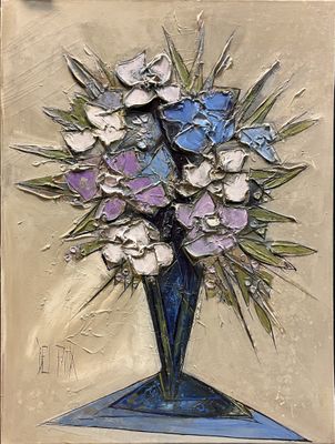 a painting of flowers in a vase on a table