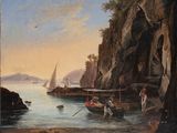 a painting of people on a boat in a body of water