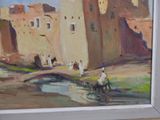 a painting of a man riding a horse in front of a building
