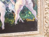 a painting of a woman riding a horse next to a dog