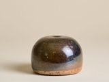 un petit objet marron et noir posé sur une surface blanche